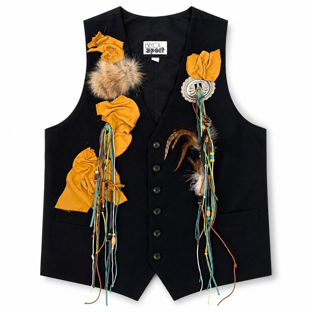 Vtg Upcycled Patchwork Western Cowgirl Art wear Vest Black Leather Rock n roll